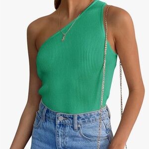 Green ribbed one shoulder top